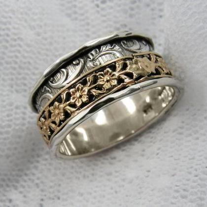 Spinner Ring. Sterling Silver Gold Floral Spinner..