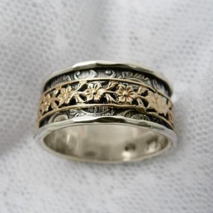 Spinner Ring. Sterling Silver Gold Floral Spinner..