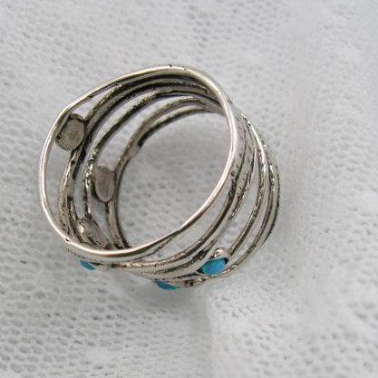 Opal Ring. Wide Sterling Silver Big Ocean Wave..