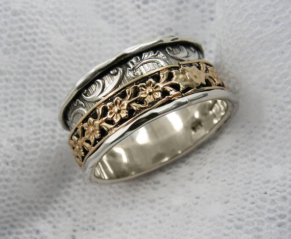 Spinner Ring. Sterling Silver Gold Floral Spinner Ring. Wide Spinner Ring. Unique Spinner Ring (gsr-7051). Birthday Gift