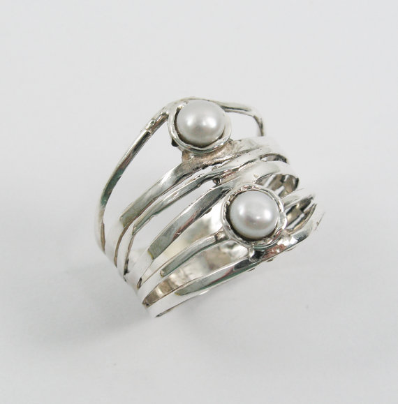 Pearl Ring. Sterling Silver Ring. Silver Pearl Ring. Wide Silver Ring. Wide Pearl Ring. Gift For Her. Pearl Jewelry