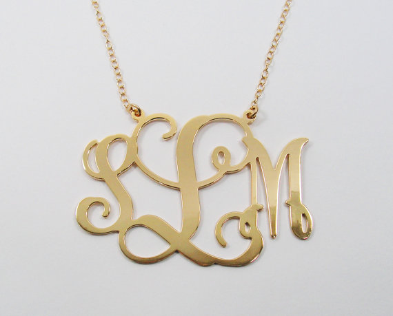 Monogram Necklace. Personalized 2" Initials Monogram Necklace- Brass Plated With 18k Gold Monogram Necklace.
